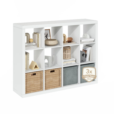 Furinno Cubicle Book Shelf, 12-Cube Bookshelf, Triple Thick Frame Cube Storage Organizer Bookcase, 1.65" Thick, 15.3 x 57.4 x 43.3, for Living Room, Bedroom, Home Office, White