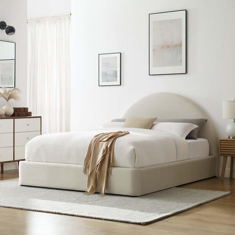 Modway Resort Full Size Platform Bed with Arch Shaped Round Headboard in Alabaster, Upholstered Velvet Bed Frameain-Resistant Performance Velvet, Soft Cloud Bed Frame, No Box Spring Needed