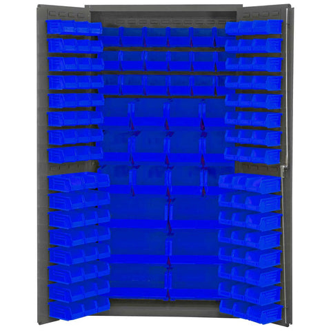 Durham 3501-BDLP-132-5295 Lockable Cabinet with 132 Blue Hook-On Bins, Flush Door Style, 36" Wide, 14 Gauge, Gray