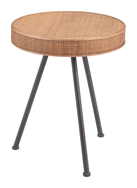 Stuart Side Table Natural, Brown End Table, Modern Style, Synthetic Rattan Weave 100% Polyethylene Round Shape Tabletop, Steel, Indoor Living, 18.7" W x 18.7" D x 23.2" H
