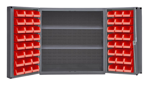 Heavy Duty Cabinet 14 Gauge 36 x 24 x 36 2 Adjustable Shelves 48 Red Bins 4 Inch Deep Box Doors with Louvered Panel Lockable Chrome Handle with Keys Gray