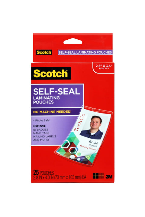 Scotch Self-Sealing Laminating Pouches, ID Badge Protectors Includes Clips, 2.25 Inches x 3.5 Inches, 25 Pouches, Great for Gift Tags
