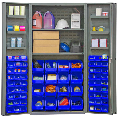 Heavy Duty Cabinet 14 Gauge 36 x 24 x 72 2 Adjustable Shelves 64 Blue Bins 4 Inch Deep Box Doors with Louvered Panel 6 Door Shelves Lockable Chrome Handle with Keys Gray