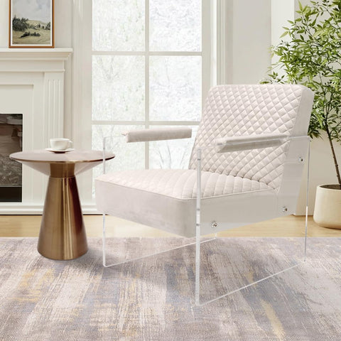 Pasargad Home Tribecca Collection Acrylic Base with Velvet Upholstered Accentchair, Ivory