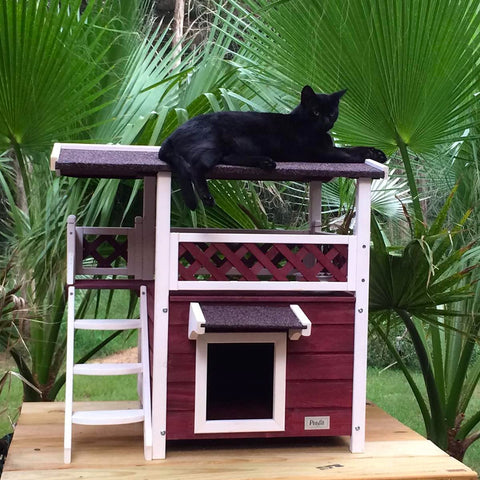 Petsfit Outdoor Cat House with Escape Door for Feral Cats Weatherproof, 2 Story Wooden Kitten Condo with Waterproof Roof & Stairs