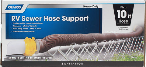 Camco Aluminum Sewer Hose Support, Supports Sewer Hoses Up to 10', Includes Strap Kit to Secure Your Hose in Place, Durable Construction, Lightweight Design, 40351