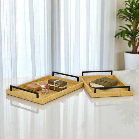 Ferelith Set of 2 Decorative Rectangular Trays - Rattan Pattern - Light Brown - for Serving, Display, Organization - Ideal for Living Room or Home Office - by Cheungs