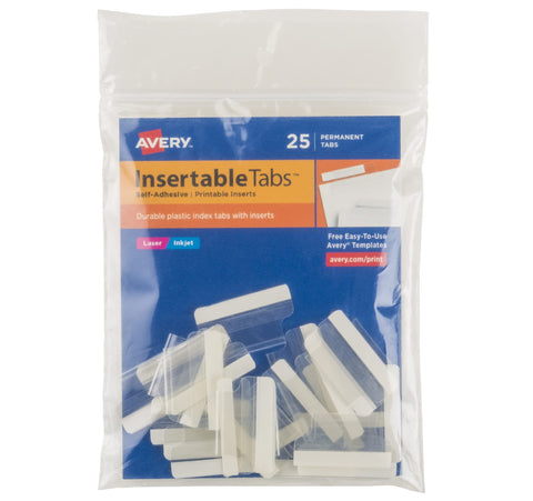 Avery® Insertable Self-Adhesive Tabs with Printable Inserts, 1", Permanent Adhesive, Clear, Pack of 25 Index Tabs (16221)