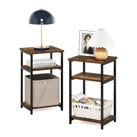 Furinno Just 3-Tier Metal Frame End Table with Storage Shelves, 2-Pack, Amber Pine