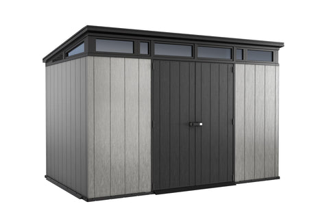 Keter Artisan 11x7 Modern Resin Outdoor Storage Shed Kit-Perfect to Store Patio Furniture, Garden Tools Bike Accessories, Beach Chairs and Lawn Mower, Grey & Black