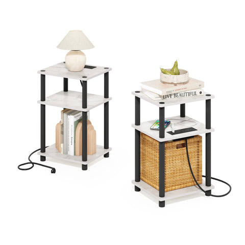 Furinno JUST Side Table Set of 2, 3-Tier Modern End Table with Charging Station, Open Shelf Night Stand, Bedside Table with USB and Type-C Charging Port, for Living Room, Bedroom, Marble White
