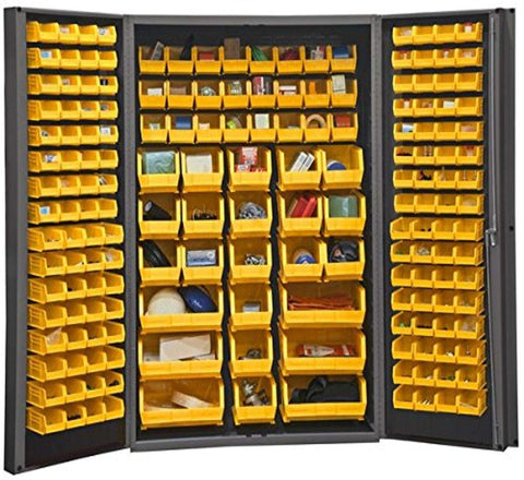 Heavy Duty Cabinet 14 Gauge 48 x 24 x 72 176 Yellow Bins 4 Inch Deep Box Doors with Louvered Panel Lockable Chrome Handle with Keys Gray