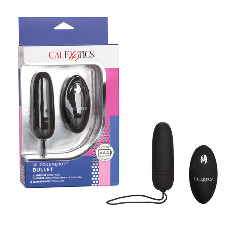 CalExotics Silicone Remote Bullet Vibrator, Waterproof 12-Functions Silicone Massager with Easy Retrieval Cord Black SE-0077-10-3