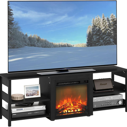 Oakestry 70-Inch TV Stand with Electric Fireplace, Americano Finish, Entertainment Center with Storage Shelves and Cable Management