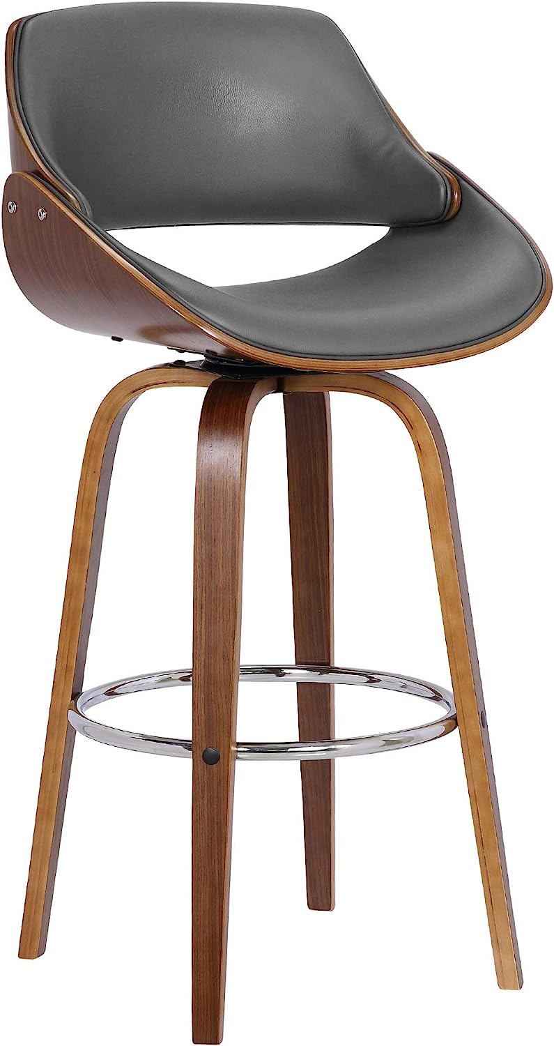 Mona Contemporary 26 Counter HeightSwivel Barstool in Walnut Wood Finish and Grey Faux Leather