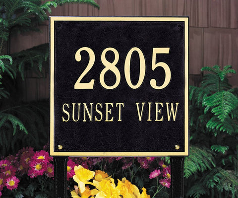 Square Estate 2-Line Lawn Plaque in Black and Gold