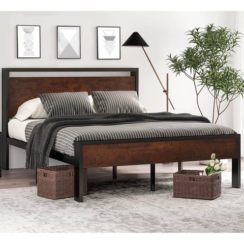 Fast Furnishings Full Metal Platform Bed Frame with Mahogany Wood Panel Headboard Footboard