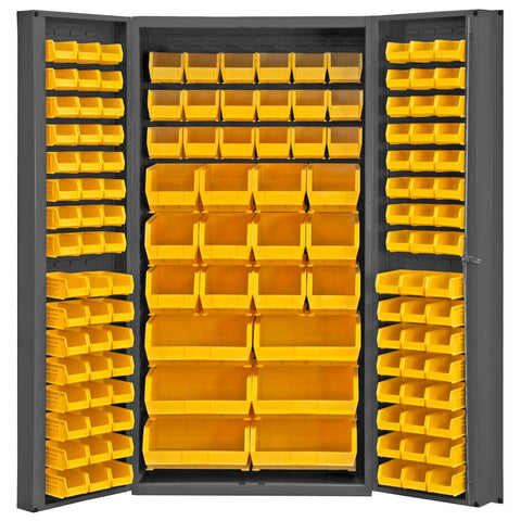 Heavy Duty Cabinet 14 Gauge 36 x 24 x 72 132 Yellow Bins 4 Inch Deep Box Doors with Louvered Panel Lockable Chrome Handle with Keys Gray