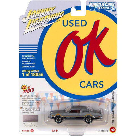 Johnny Lightning 1976 Plymouth Volare Road Runner Silver Cloud Metallic with Stripes OK Used Cars Series Limited Edition to 18056 Pieces Worldwide 1/64 Diecast Model Car