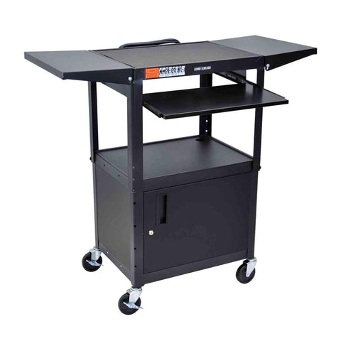 Luxor AVJ42KBCDL Steel AV Cart with Adjustable-Height, Pullout Keyboard Tray, Storage Cabinet, and Drop Leaf Shelves, Multipurpose Utility Cart, 24" to 42" Height, 3 Outlet Electrical Assembly, Black
