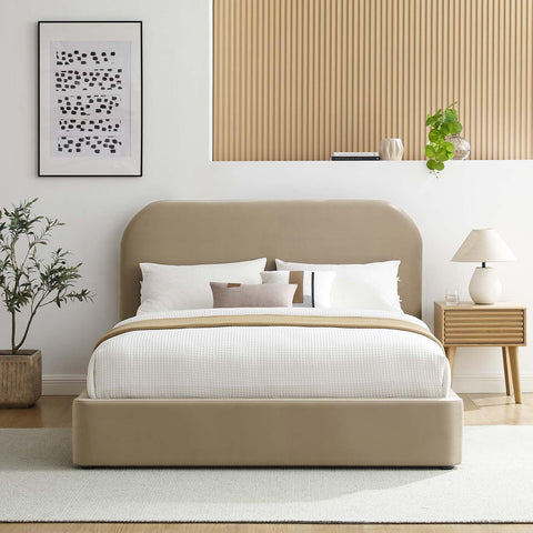 Modway Keynote Modern Full Bed Frame with Curve Shaped Headboard in Taupe, Upholstered in Performance Velvet, Full Size Platform Bed, Soft Cloud Bed Frameain-Resistant Velvet Full Bed