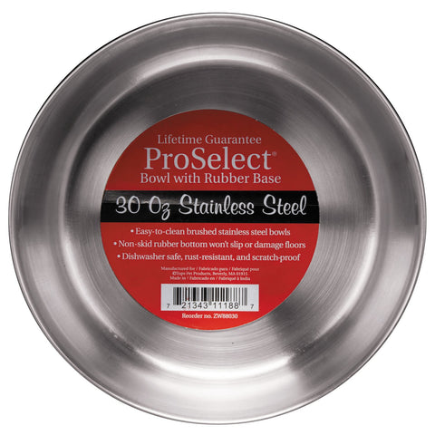 Proselect Stainless Steel Dog Bowl with Rubber Base Sizes Vary (1 Pack), 30 OZ