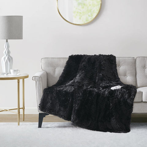 Serta Polyester and Cotton Shaggy Fur Heated Throw in Black ST54-0153