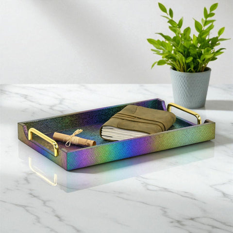 Nimue 15.75" Decorative Rectangular Tray - Prismatic Scale Pattern - Rainbow with Gold Handles - for Serving, Display, Organization - Ideal for Living Room or Home Office - by Cheungs