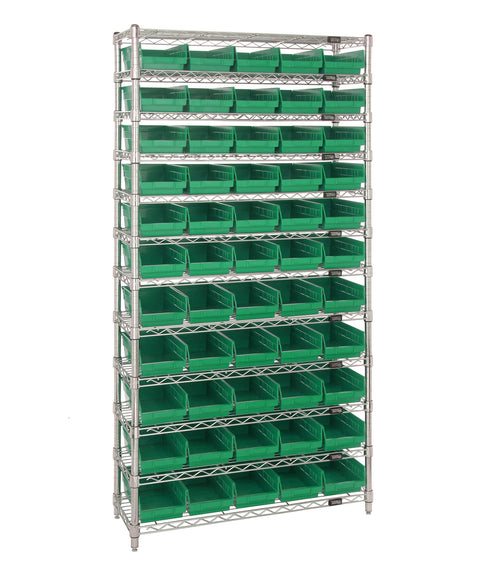 QUANTUM STORAGE SYSTEMS WR12-102GN Wire Heavy Duty 12 Shelves 74" H x 36" W x 12" D with 55 Green Bins 12" L x 7" W x 4" H