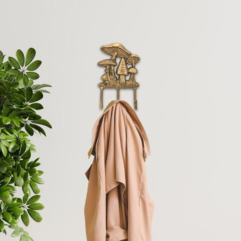 Cheungs Mythra Golden Mushroom Medley Cast Iron Wall Hook - Handcrafted 8.25-inch - Rustic Gold Finish - 3 Prong Hook for Living Room