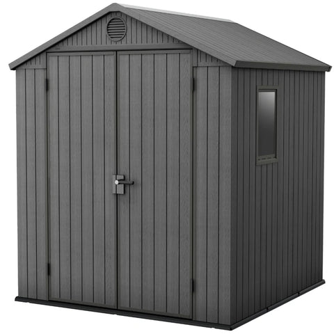 Keter Darwin 6 x 6 Foot Spacious Heavy Duty Outdoor Storage Shed for Organizing Garden Accessories and Tools with Double Doors and High Ceiling, Gray
