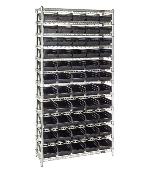 QUANTUM STORAGE SYSTEMS WR12-102BK Wire Heavy Duty 12 Shelves 74" H x 36" W x 12" D with 55 Black Bins 12" L x 7" W x 4" H