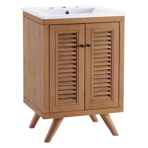 Modway Birdie Teak Wood Bathroom Vanity Cabinet, 24 Inch, Natural White