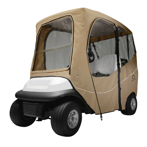 Classic Accessories Fairway Short Roof 2-Person Deluxe Golf Cart Enclosure, Light Khaki with Clear Windows