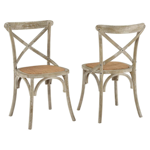 Modway Gear Rustic Modern Farmhouse Elm Wood Rattan Two Dining Chairs in Gray