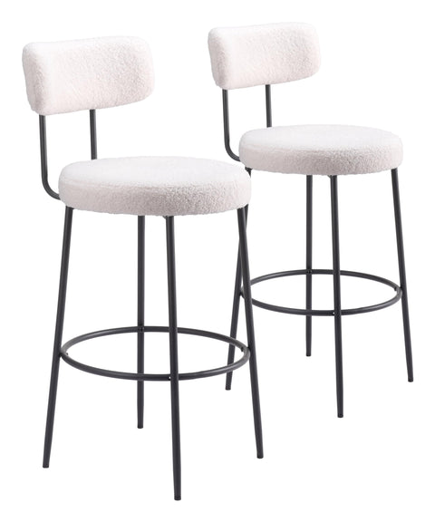 Zuo Blanca Barstool (Set of 2) Ivory, White Barstool, Modern Style, Shearling Style Fabric, Shearling Style Fabric, Plywood, Indoor Bar, 18.5" W x 21.3" D x 40.9" H
