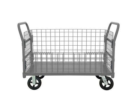 Wire Cart With 8 Inch x 2 Inch Mold-On-Rubber Casters (2) Rigid And (2) Swivel 1 Shelf Drop Gate And 2 Tubular Offset Removable Handles Gray