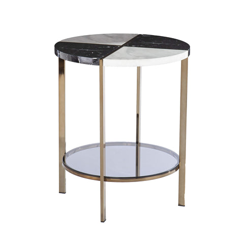 SEI Furniture Cortinada Round Faux Marble End Table, Black and White with Gold