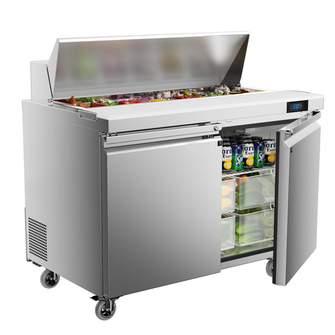 Coolake 48''W 2 Door Commercial Salad Sandwich Prep Table Refrigerator, Stainless Steel 13.5 Cu.ft Counter Fan Cooling Refrigerator with 12 Pans for Restaurant, ETL DOE
