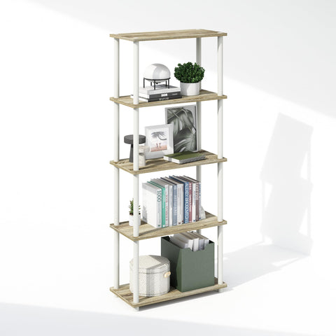 Furinno Turn-N-Tube Book Shelf, 5-Tier Bookshelf, Bookcase with Multipurpose Compact Display Rack, 11.6 x 23.6 x 57.4, for Living Room, Bedroom, Home Office, Sonoma Oak/White