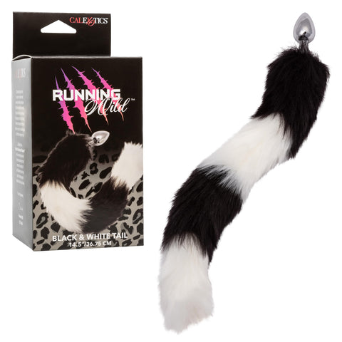 CalExotics Running Wild Long Plug Tail, Non-Tarnishing Nickel Free Anal Plug with 14.5 Inch Long Synthetic Fur Fail Black & White - SE-2654-15-3
