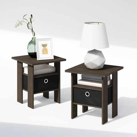 Furinno Tidur Bedside Table Nightstand with Bin Drawer Dark Brown/Black Set of 2