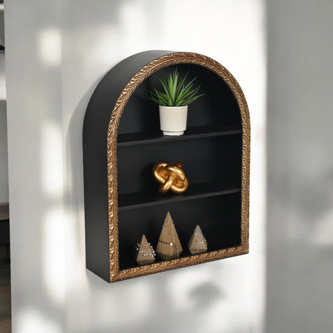 Cheung's Mireza Ornate Framed Black & Gold 3-Tier Wooden Wall Shelf - Rounded Wood Wall Organizer, 18.25-Inch, Black & Gold - Elegant Storage for Living Room or Shelf Decor