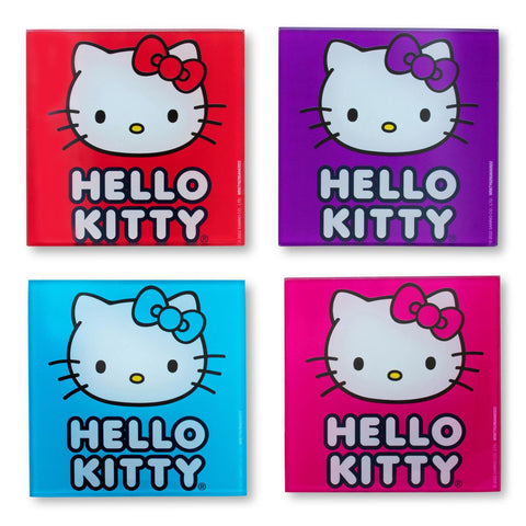 Sanrio Hello Kitty Colors Glass Coasters for Drinks, Set of 4 | Tabletop Protection for Home Kitchen, Dining Room Table
