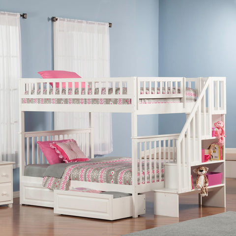 Woodland Staircase Bunk Bed Full over Full with 2 Raised Panel Bed Drawers in White