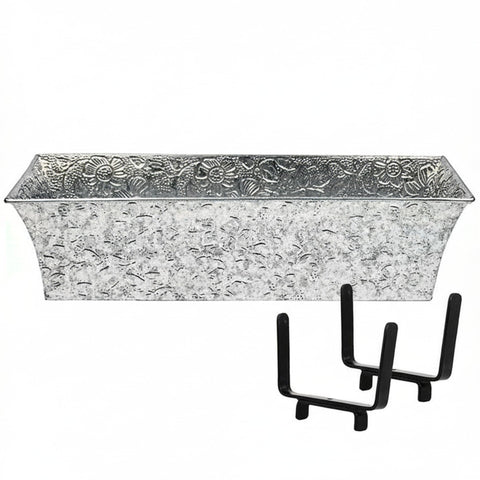 Oakestry Handrail Flowerbox Bracket Kit Galvanized Steel Natural Finish Medium Planter Holder Decorative Outdoor Garden Patio Balcony Deck Organizer Durable Mount Accessory Fits 2 x 4 Inch Rail
