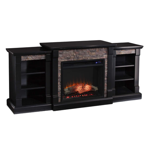 SEI Furniture Gallatin Faux Stone Electric Fireplace with Bookcases, New Satin Black