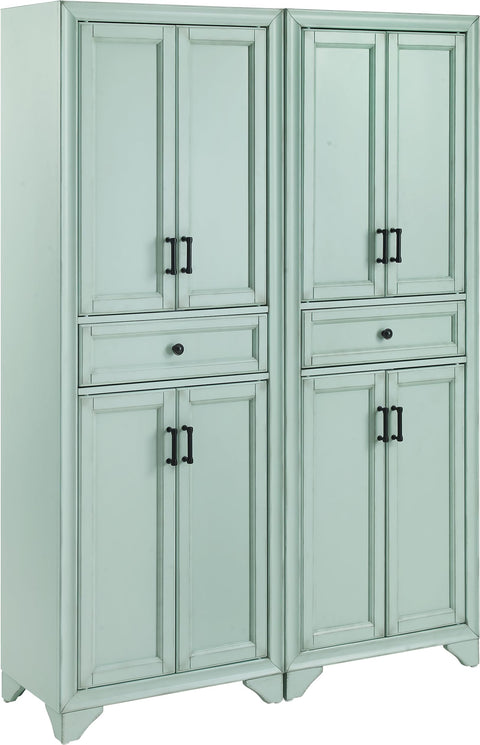 Crosley Furniture Tara 2-Piece Pantry Storage Cabinet Set with Shelves, Kitchen, Dining, or Laundry Room, Distressed Seafoam Blue