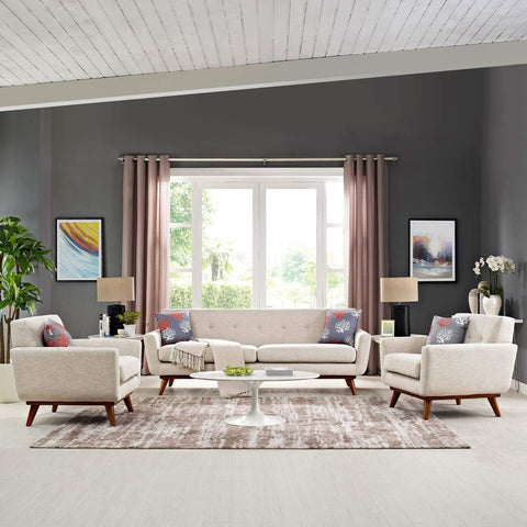 Modway Engage Mid-Century Modern Upholstered Sofa and Armchairs in Beige, Set of 3