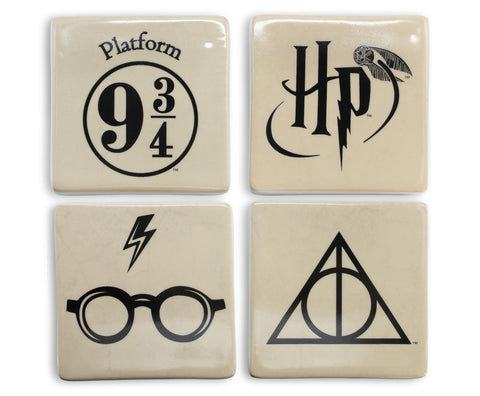 Seven20 Harry Potter Coasters, Set of 4 Themed Ceramic Coaster Set – Protect Tables from Drink Cups and Glasses – Perfect Harry Potter Gifts for Women and Men – White, Grey and Gold